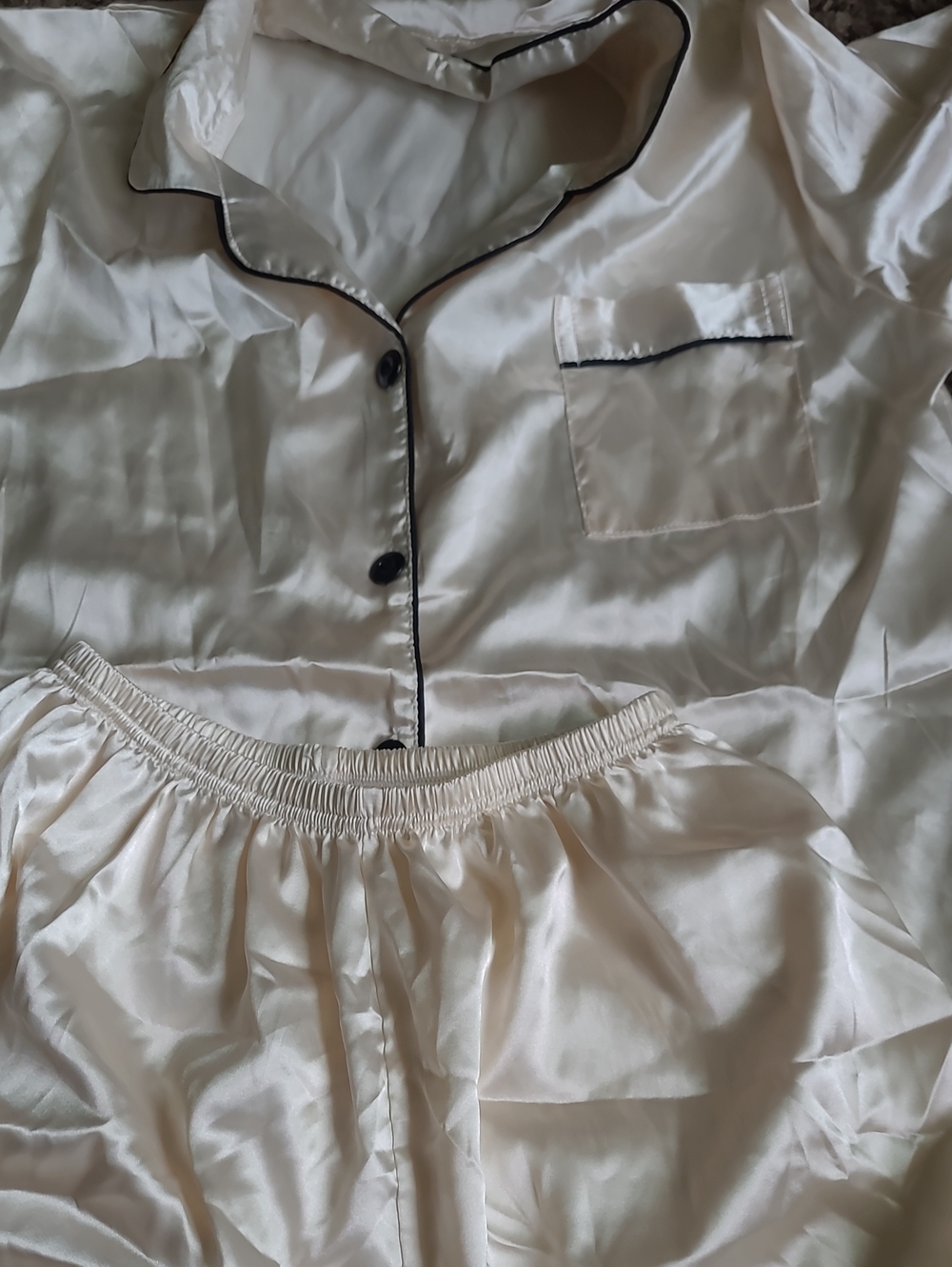 Silk-Look Cream Pajama Set with Black Piping